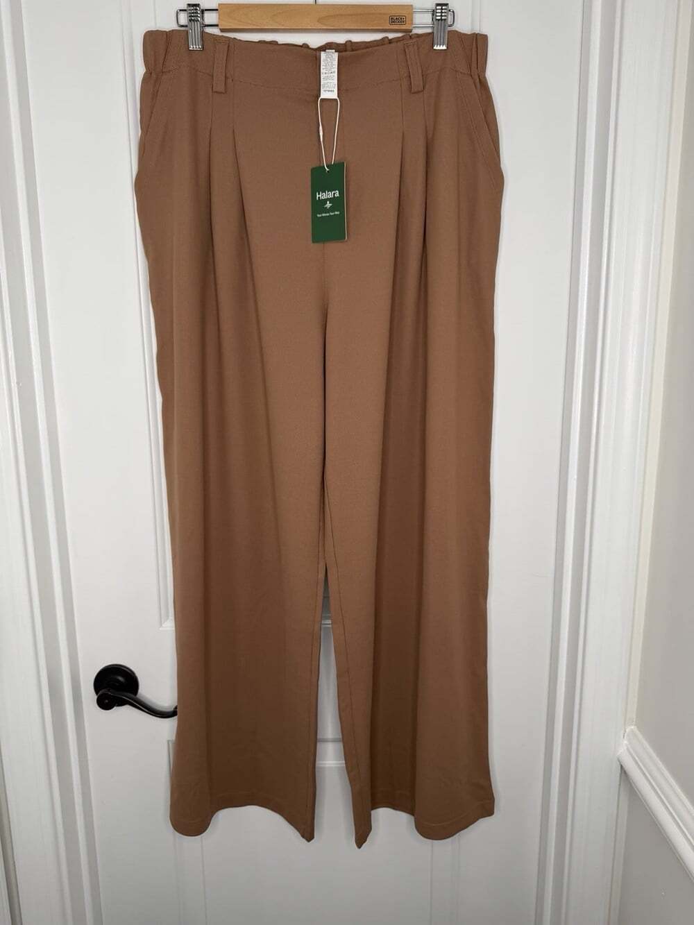 Halara Women’s Brown Pleated Wide-Leg Pull-On Work Pants, Elastic Waist, XL